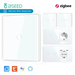 BSEED Tuya Zigbee Smart Switch 1/2/3Gang 1/2/3Way No Neutral Wall Touch Switch Smart Home Control EU Power Socket Without Wifi