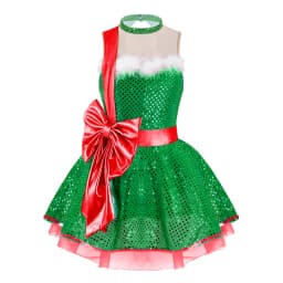 Christmas Elf Tutu Dress Ballet Dance Leotard Kids Girls Figure Skating Dress Sleeveless Mesh Bowknot Sequin Performance Costume
