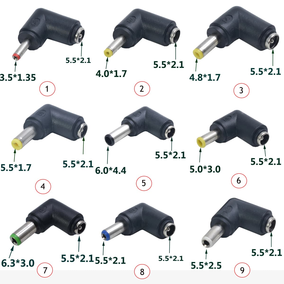 DC Connector 5.5 X 2.1MM Female Power Adapter to 3.0×1.35, 5.0*3.0, 4.0×1.7, 5.5×2.1, 5.5×2.5, 6.3×3.0, 6.0×4.4MM Male 90 Degree