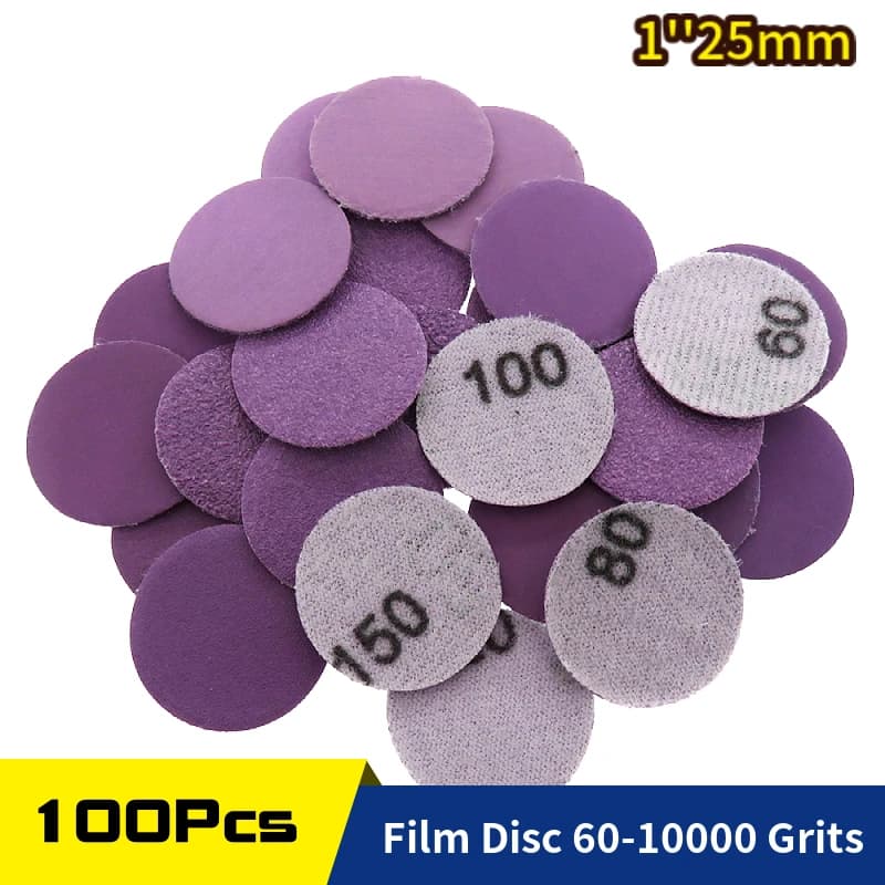 100 Pcs Sanding disc 1 Inch Film Hook Loop 60-10000 Grit 25mm Sandpaper Wet Dry for Wood Metal Automotive Finishing Grinding