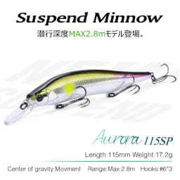 TSURINOYA Suspending Minnow 115SP 115mm 17.2g Weight System Fishing Lure AURORA Pike Bass Jerkbait Hard Bait