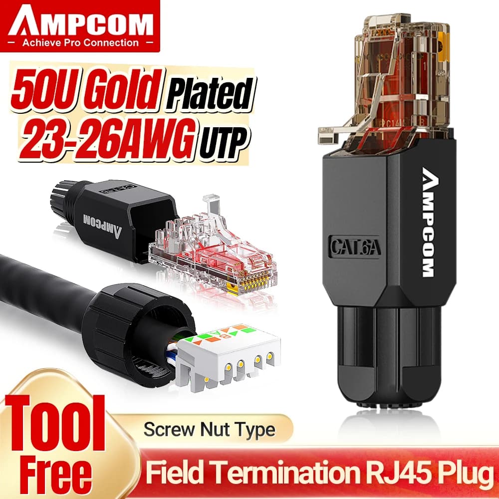 AMPCOM Tool Free RJ45 Connector, No Crimp Tool Less UTP 1000Mbps CAT6/CAT6A Modular PLug for Stranded Solid Lan Ethernet Cable