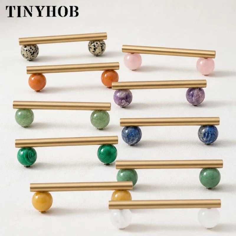 Tinyhob Nordic Art Handle/Natural Marble+Brass Handles and Knobs Drawer Pulls Kitchen Cabinet Knobs Pink  Furniture Hardware