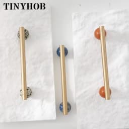 Tinyhob Nordic Art Handle/Natural Marble+Brass Handles and Knobs Drawer Pulls Kitchen Cabinet Knobs Pink  Furniture Hardware