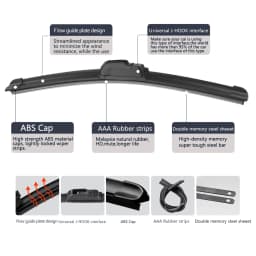 KAWOO Car Wiper Blade U Hook Universal Frameless Bracketless Rubber Car Windshield Wipe Blades 14"16"17"18"19"20"21"22"24"26"28"