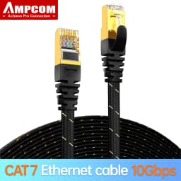 AMPCOM CAT7 Ethernet Cable (10G 600MHz), Shielded Flat RJ45 Network Patch Cord, 50u Gold Plated Lead, Polyester Braided