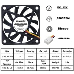 2 Pieces YOUNUON DC 5V/12V/24V Sleeve&Dual Ball Bearing 60mm 6cm 60x60x10mm Cooling Fan 6010 Brushless Cooling Cooler Fan