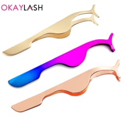 OKAYLASH Stainless Gold False Eyelash Tweezers Rose Gold Fake Eye Lash Extension Multi Color Applicator Clamp Private Label