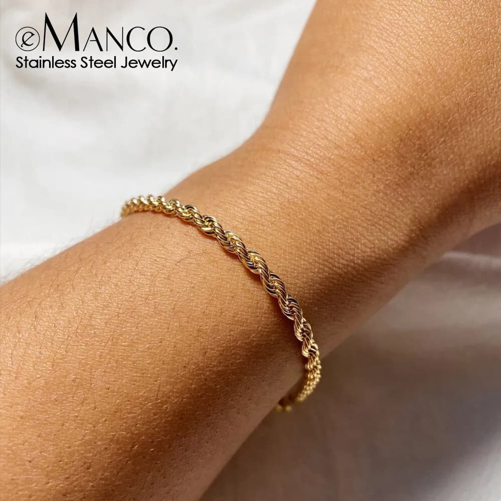 EMANCO Twisted Rope Chain Bracelet for Woman Hip Hop Punk 4MM Gold Color Stainless Steel Gold Color Necklace Fashion Jewelry
