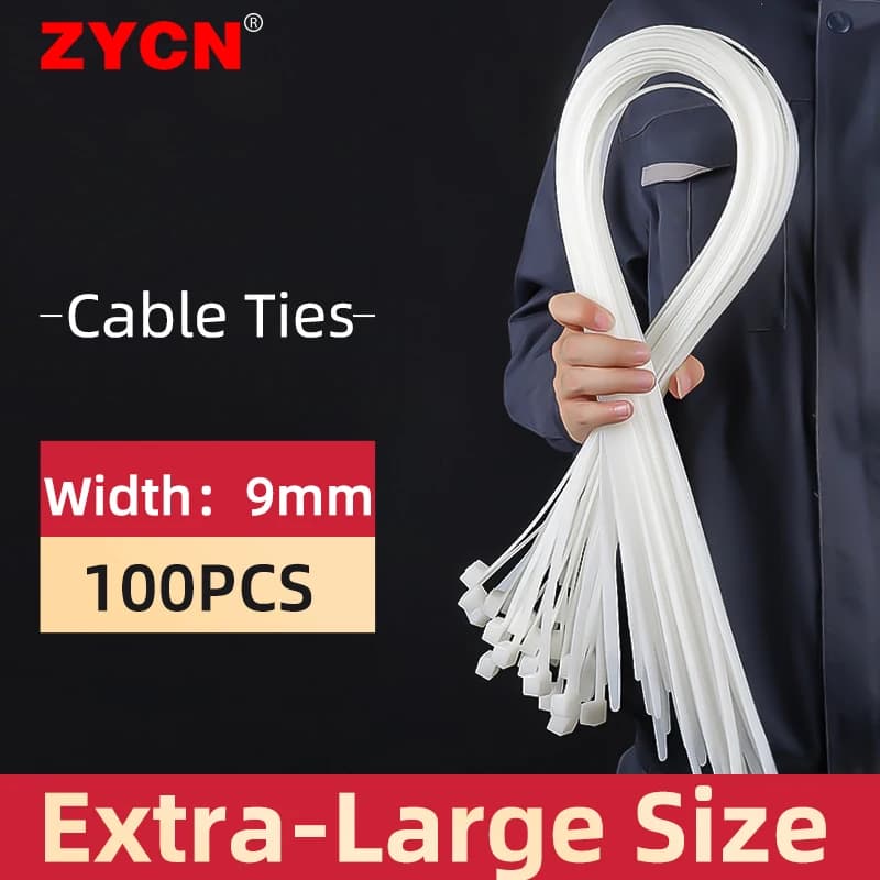 ZYCN 100Pcs Width 9MMx 400/500/600/1200 Self-Locking Nylon Cable Ties Plastic Extra-Large Thickening Heavy Duty