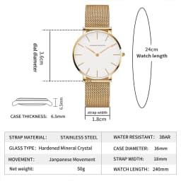 HANNAH MARTIN 36mm Japan Movement Women Watch Stainless Steel Mesh Top Brand Minimalist Rose Gold Waterproof Quartz Women Watch