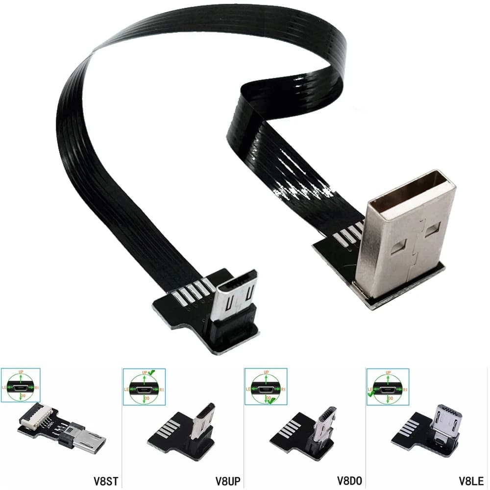 FPC Super Flat flexible Up & Down & Left & Right Angled 90 Degree USB Micro USB Male to USB male FPV Data Charge connector Cable