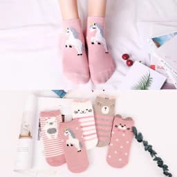 5 Pairs Lot Pack Women Socks Spring Summer Animal Unicorn Cat Fox Ear Cartoon Happy Funny Cute Lovely Cotton Ankle Socks Heart