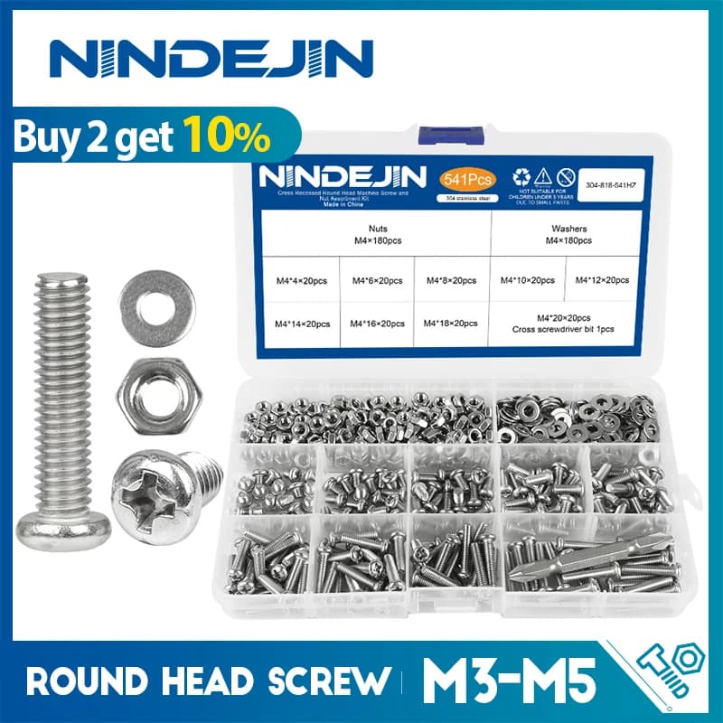 NINDEJIN 541/721pcs Cross Round Head Screw Assortment Kit M3 M4 M5 Phillips Machine Screw Set with Nut Washer Stainless Steel