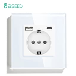 BSEED EU Double Wall Light Switches Touch Switch Wall Socket USB Type-C Charge Port Crystal Glass Panel Switch Blue Blacklight