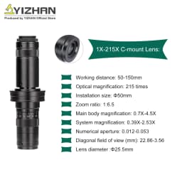 YIZHAN 215x 180x 150x Lens 0.7X~4.5X Adjustable Magnification Industry Microscope Lens Multiples CS C-MOUNT For HDMI USB Camera