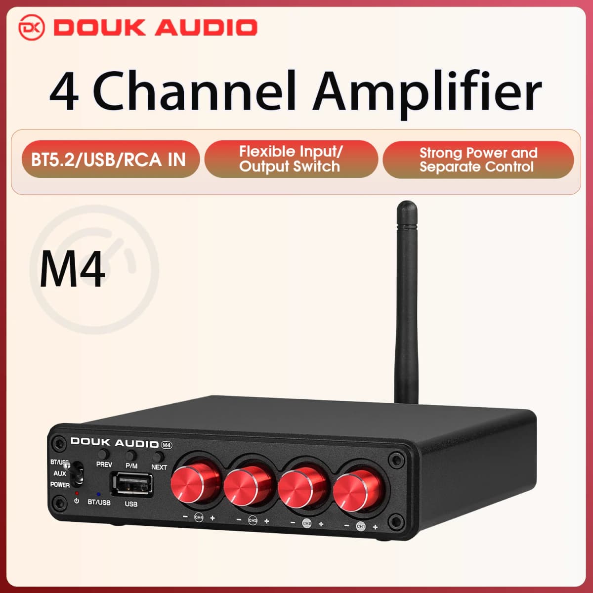 Douk Audio M4 Mini 2/4 Channel Bluetooth 5.0 Digital Amplifier Stereo Audio Receiver Desktop Audio Amp USB Music Player 50W*4