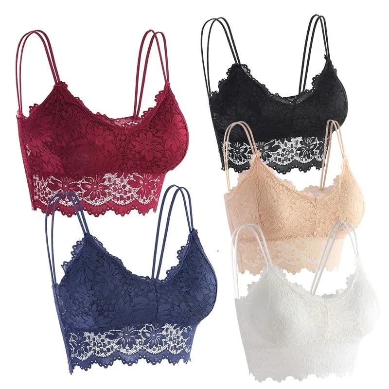 Floral Lace Bralette Women Wireless Tube Top Double Thin Straps Bra Sexy Lingerie Removable Pads Scallop Edge Crop Top Underwear