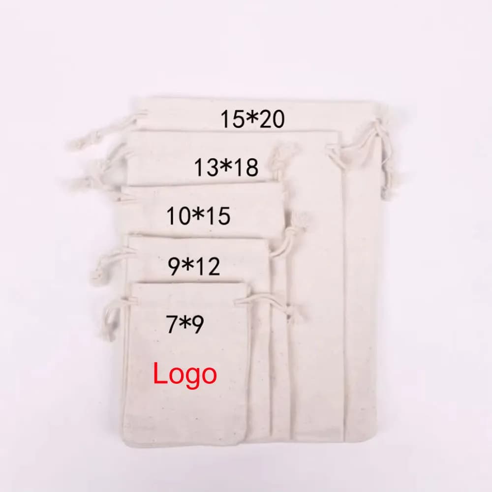 100pcs/Lot Natural Cotton Bags 7x9 9x12 10x15 13x18 15x20cm Drawstring Gift Pouches Home Storage Sacks Packing Bag Custom Logo