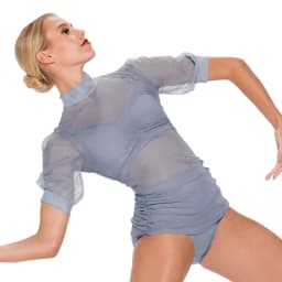 3 Piece Stretch Mesh Mock Neck Pullover Top Puff Sleeves Shirring Sides Modern Dance Costume Jazz Wear Performance Outfit