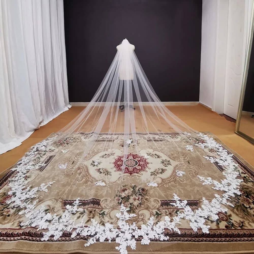 Customized Real Photos Long Lace Appliques Wedding Veil White Ivory Cathedral 1 Layer Bridal Veil 3.5 Meters Bride Veil