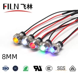 FILN 8mm Socket Head Waterproof 12v 24v 220v 110v Kitchen Equipment Pilot Lamp Led Indicator Light with Wire