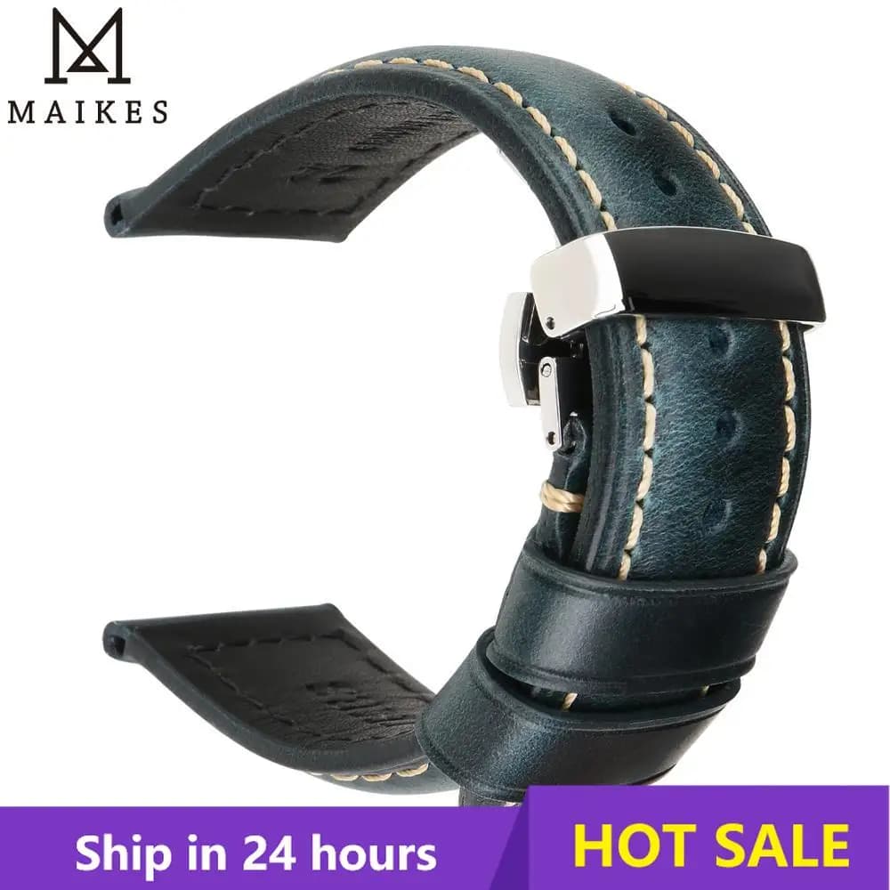 MAIKES High Quality Genuine Leather Watchband 18mm Calf Leather Watch Band Butterfly Buckle Strap Bracelet Accessories Wristband