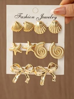 12pcs Fashionable Lightweight CCB Smooth Flower, Bow, Heart Shaped Earring Set, Suitable For Daily Life Or Party Wear,
