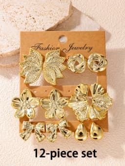 12pcs Fashionable Lightweight CCB Smooth Flower, Bow, Heart Shaped Earring Set, Suitable For Daily Life Or Party Wear,