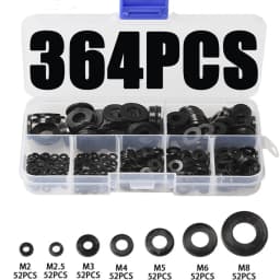 364Pcs Metric M2 M2.5 M3 M4 M5 M6 M8 Black Nylon Rubber Flat Ring Plain Repair Washer Furniture Gasket Assortment Kit