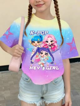 Kpop Cartoon Graphic Girls T-Shirt Casual Round-Neck T-Shirt Suitable for Girls Kids Gift Short Sleeve Tops Children's Clothing