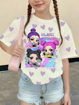 Kpop Cartoon Graphic Girls T-Shirt Casual Round-Neck T-Shirt Suitable for Girls Kids Gift Short Sleeve Tops Children's Clothing