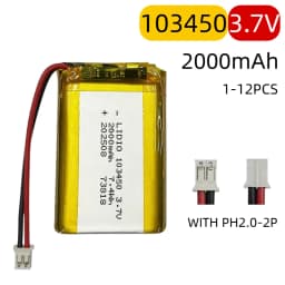 103450 3.7V Li-Po Rechargeable Battery 2000mAh With JST PH 2.0mm Connector for GPS, Cameras & MP3 Gadgets