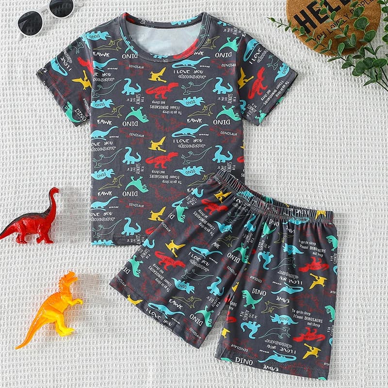 2-Piece Summer Children's Dinosaur Print Set, Cute Short-Sleeved T-Shirt for Boys and Girls, Elastic Waist, Comfortable Shorts
