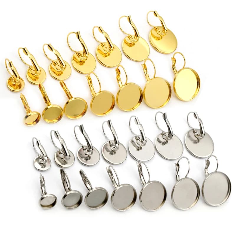 316 Stainless Steel Gold Plated 6-25mm French Lever Cabochon Earring Setting Blank Base Cameo Tray DIY Ear Jewelry Findings