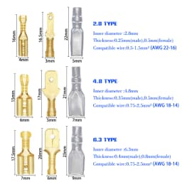 100Pcs/lot 2.8/4.8/6.3mm Female and male Crimp Terminal Connector Gold Brass/Silver Car Speaker Electric Wire Connectors Set