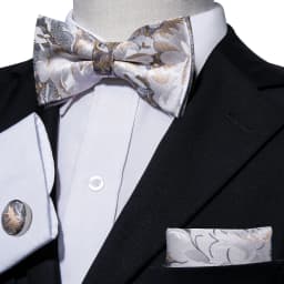 Barry.Wang White Black Gray Silver Silk Mens Bow Tie Jacquard Paisley Floral Pre-Tied Bowtie Hanky Cufflink Set Wedding Business