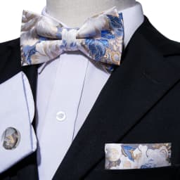 Barry.Wang White Black Gray Silver Silk Mens Bow Tie Jacquard Paisley Floral Pre-Tied Bowtie Hanky Cufflink Set Wedding Business
