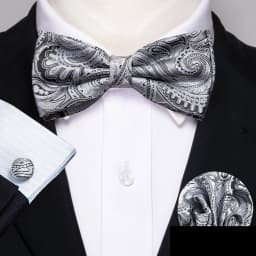 Barry.Wang White Black Gray Silver Silk Mens Bow Tie Jacquard Paisley Floral Pre-Tied Bowtie Hanky Cufflink Set Wedding Business