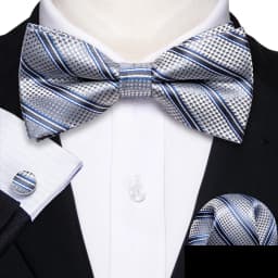 Barry.Wang White Black Gray Silver Silk Mens Bow Tie Jacquard Paisley Floral Pre-Tied Bowtie Hanky Cufflink Set Wedding Business