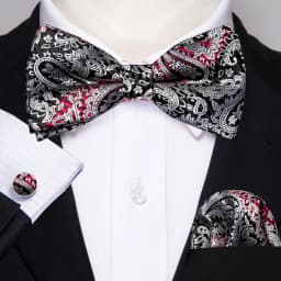 Barry.Wang White Black Gray Silver Silk Mens Bow Tie Jacquard Paisley Floral Pre-Tied Bowtie Hanky Cufflink Set Wedding Business