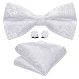 Barry.Wang White Black Gray Silver Silk Mens Bow Tie Jacquard Paisley Floral Pre-Tied Bowtie Hanky Cufflink Set Wedding Business