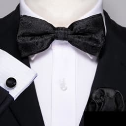 Barry.Wang White Black Gray Silver Silk Mens Bow Tie Jacquard Paisley Floral Pre-Tied Bowtie Hanky Cufflink Set Wedding Business