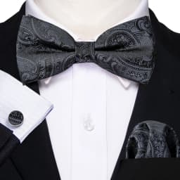 Barry.Wang White Black Gray Silver Silk Mens Bow Tie Jacquard Paisley Floral Pre-Tied Bowtie Hanky Cufflink Set Wedding Business