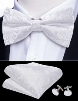 Barry.Wang White Black Gray Silver Silk Mens Bow Tie Jacquard Paisley Floral Pre-Tied Bowtie Hanky Cufflink Set Wedding Business