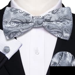 Barry.Wang White Black Gray Silver Silk Mens Bow Tie Jacquard Paisley Floral Pre-Tied Bowtie Hanky Cufflink Set Wedding Business