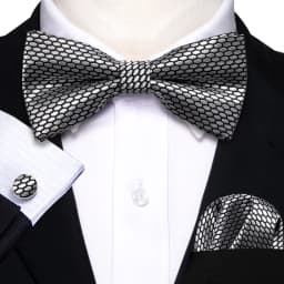Barry.Wang White Black Gray Silver Silk Mens Bow Tie Jacquard Paisley Floral Pre-Tied Bowtie Hanky Cufflink Set Wedding Business