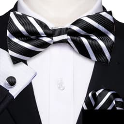 Barry.Wang White Black Gray Silver Silk Mens Bow Tie Jacquard Paisley Floral Pre-Tied Bowtie Hanky Cufflink Set Wedding Business