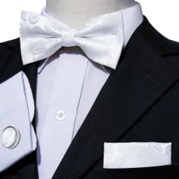 Barry.Wang White Black Gray Silver Silk Mens Bow Tie Jacquard Paisley Floral Pre-Tied Bowtie Hanky Cufflink Set Wedding Business