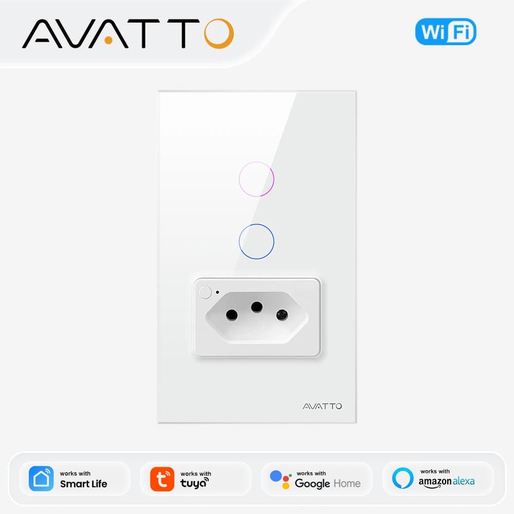 AVATTO Tuya WiFi Smart Light Switch with Socket,Brazil Stand 16A Touch Button Wall Switch,Work for Alexa Google Home